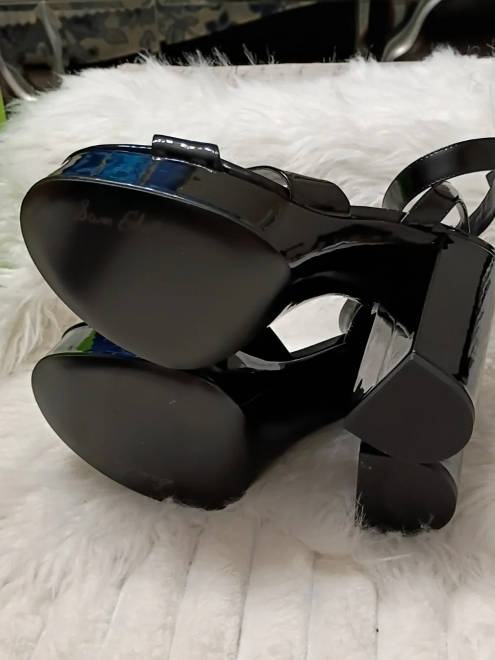 New Sam Edelman Savannah Black Patent Platform Block-Heel Sandals 10